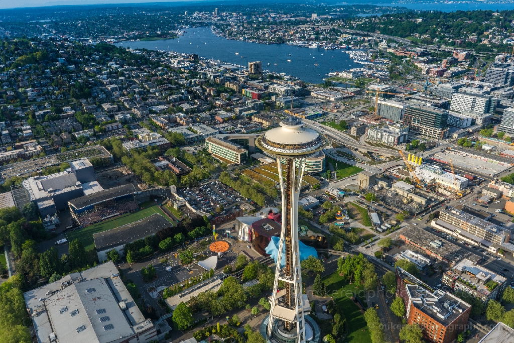 Spring Space Needle and Seattle Center Aerial Photography